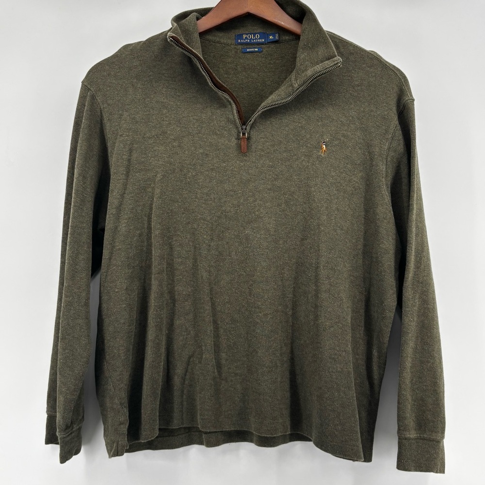 Polo Ralph‎ Lauren Estate-Rib Quarter-Zip Pullover Mens Green Cotton Long Sleeve